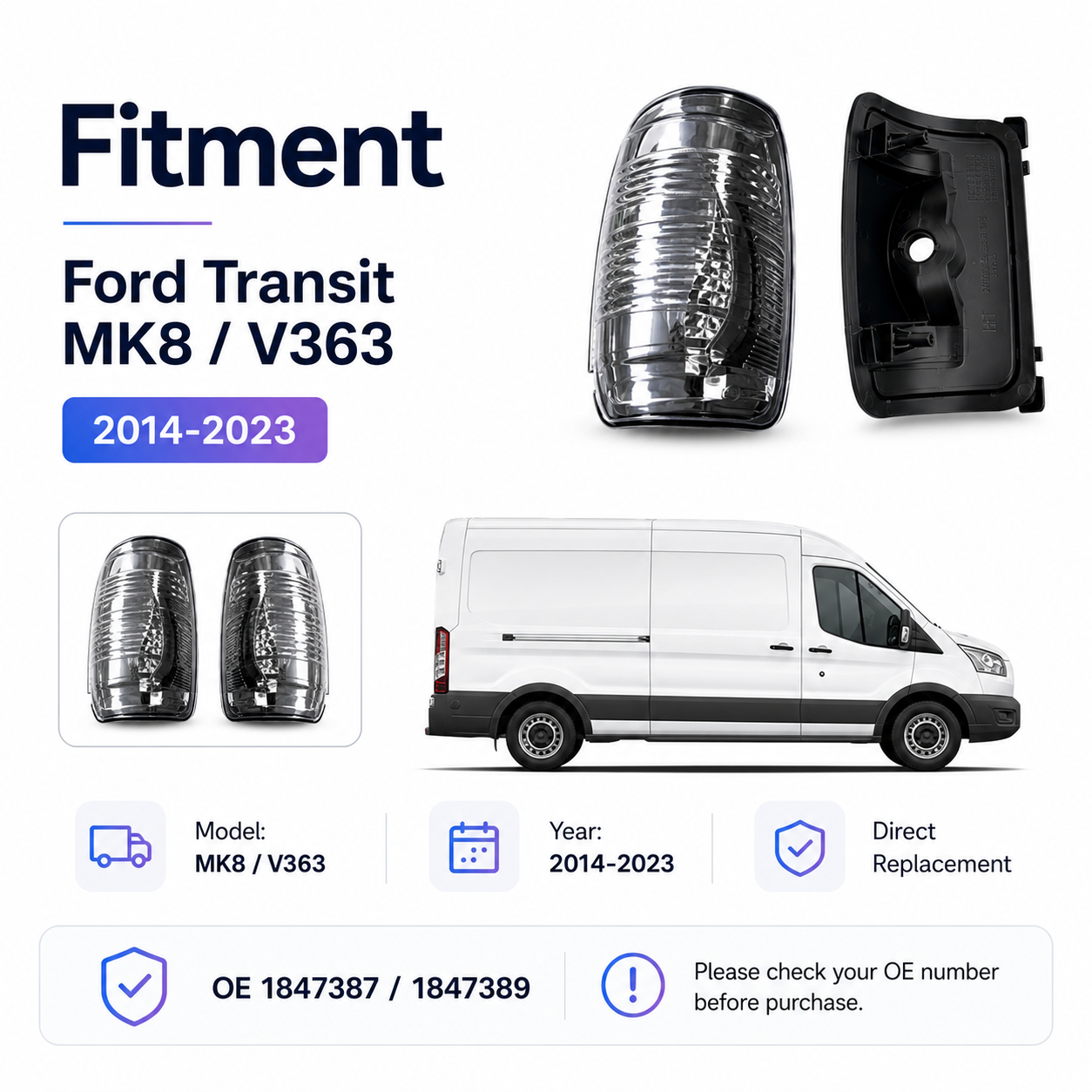 Ford Transit Indicator Turn Signal Mirror White Right Left Set 14-22MK 8 1847387 Pair Amber Mirror Turn Signal Lights For Ford Transit 150 250 350 2015-2020
