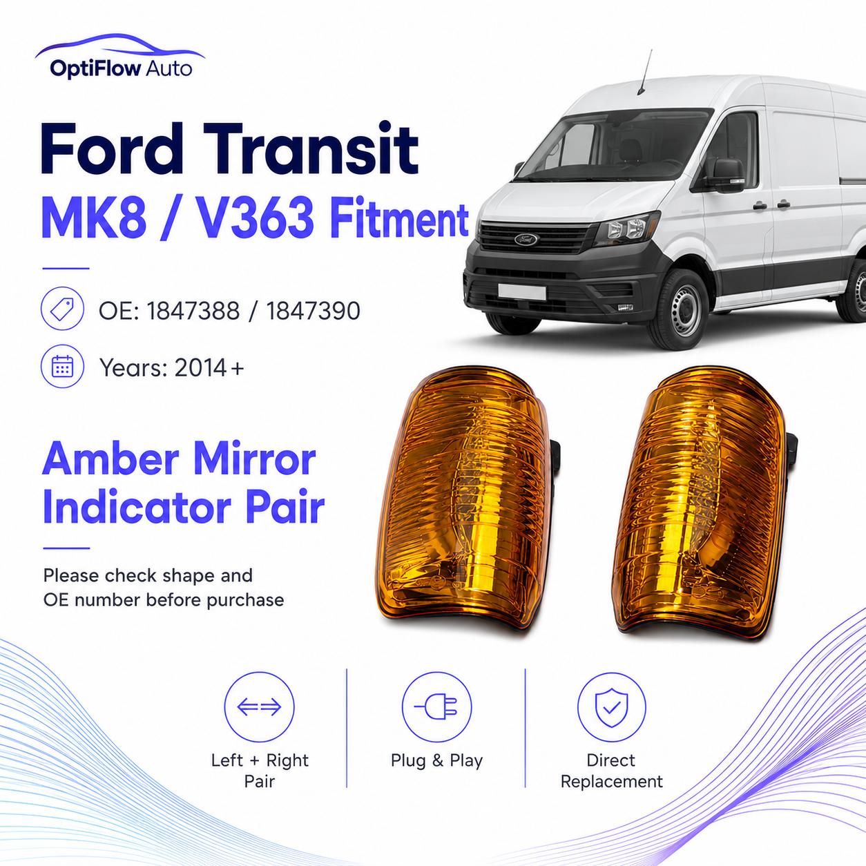 Ford Transit Indicator Turn Signal Mirror White Right Left Set 14-22MK 8 1847387 Pair Amber Mirror Turn Signal Lights For Ford Transit 150 250 350 2015-2020