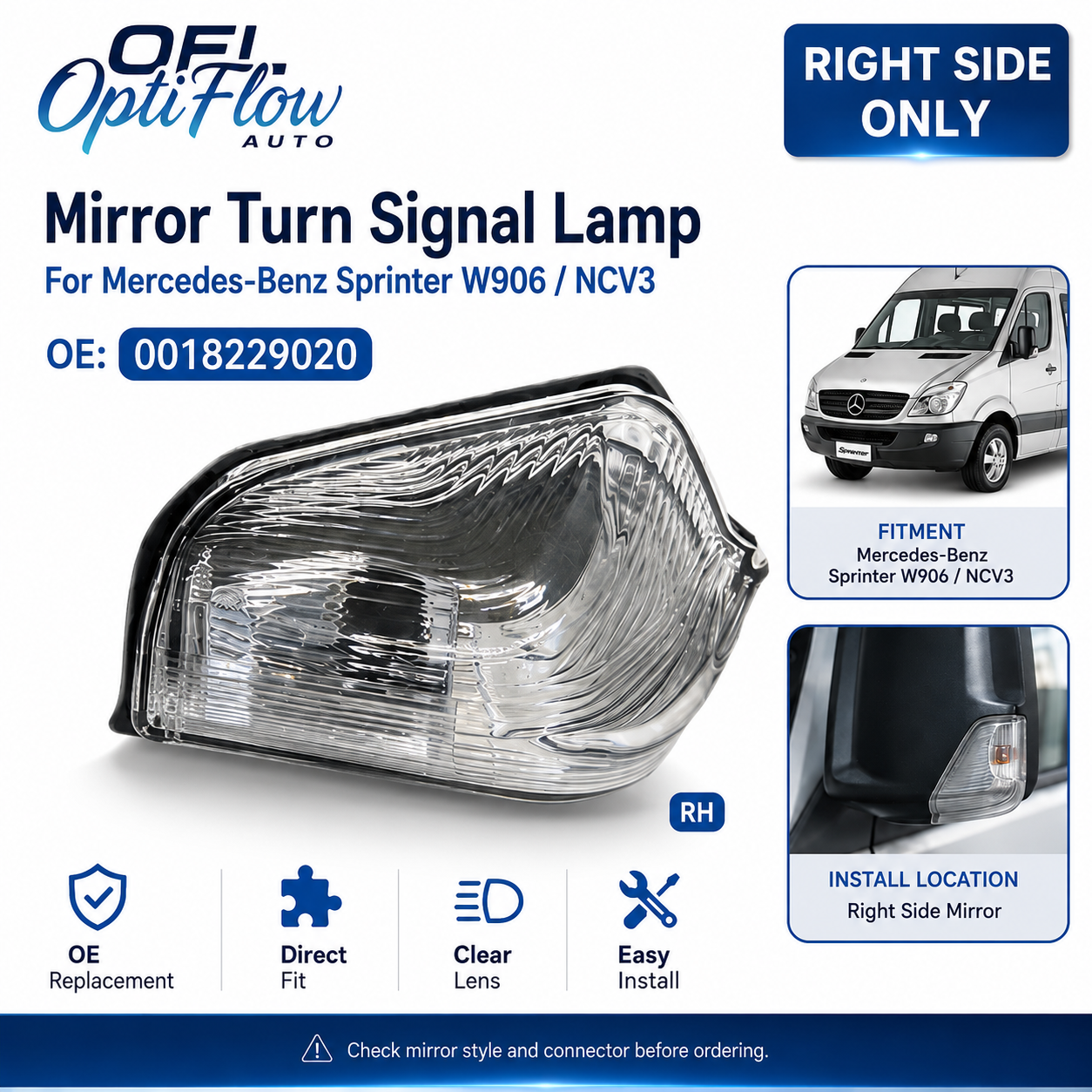 Crystal Clear Side Mirror Turn Signal Lights for Mercedes Sprinter T1N / Dodge / Freightliner (1995-2006) - Modern Upgrade - E-Mark Certified