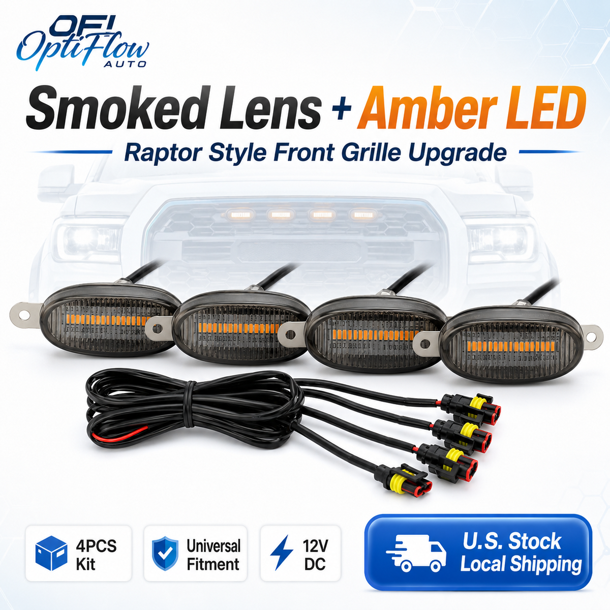 Universal Raptor Style Grille Marker Lights Kit (4-Piece) - Amber / White LED - Fits Toyota 4Runner, Tacoma, Tundra, Jeep & Trucks