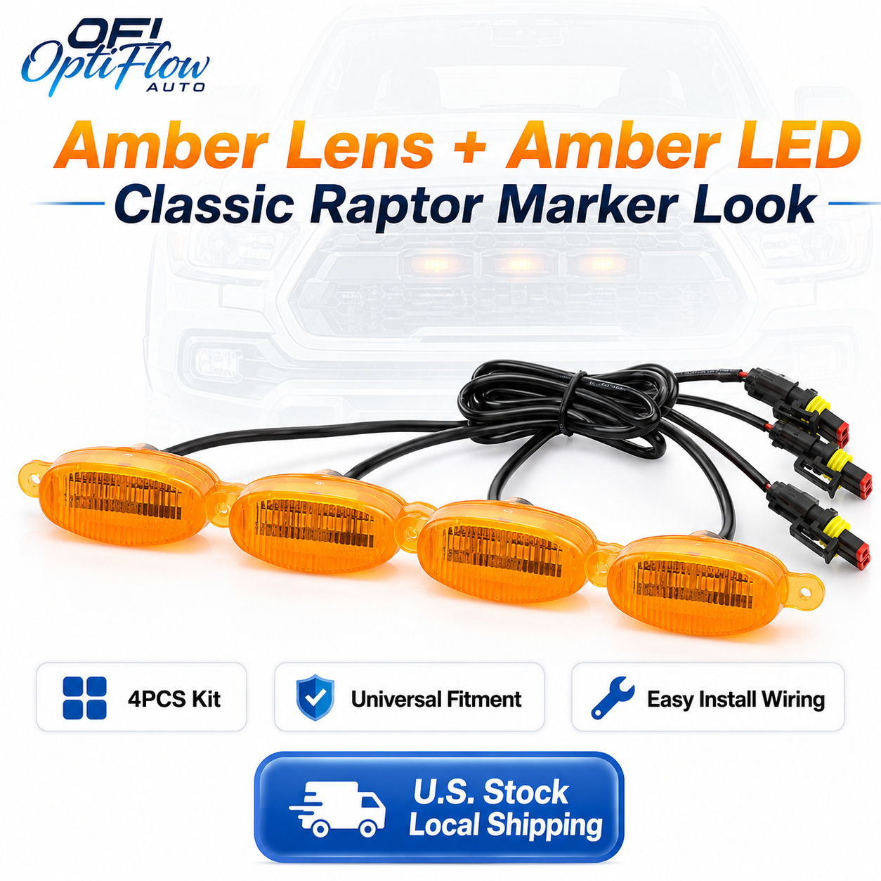 Universal Raptor Style Grille Marker Lights Kit (4-Piece) - Amber / White LED - Fits Toyota 4Runner, Tacoma, Tundra, Jeep & Trucks