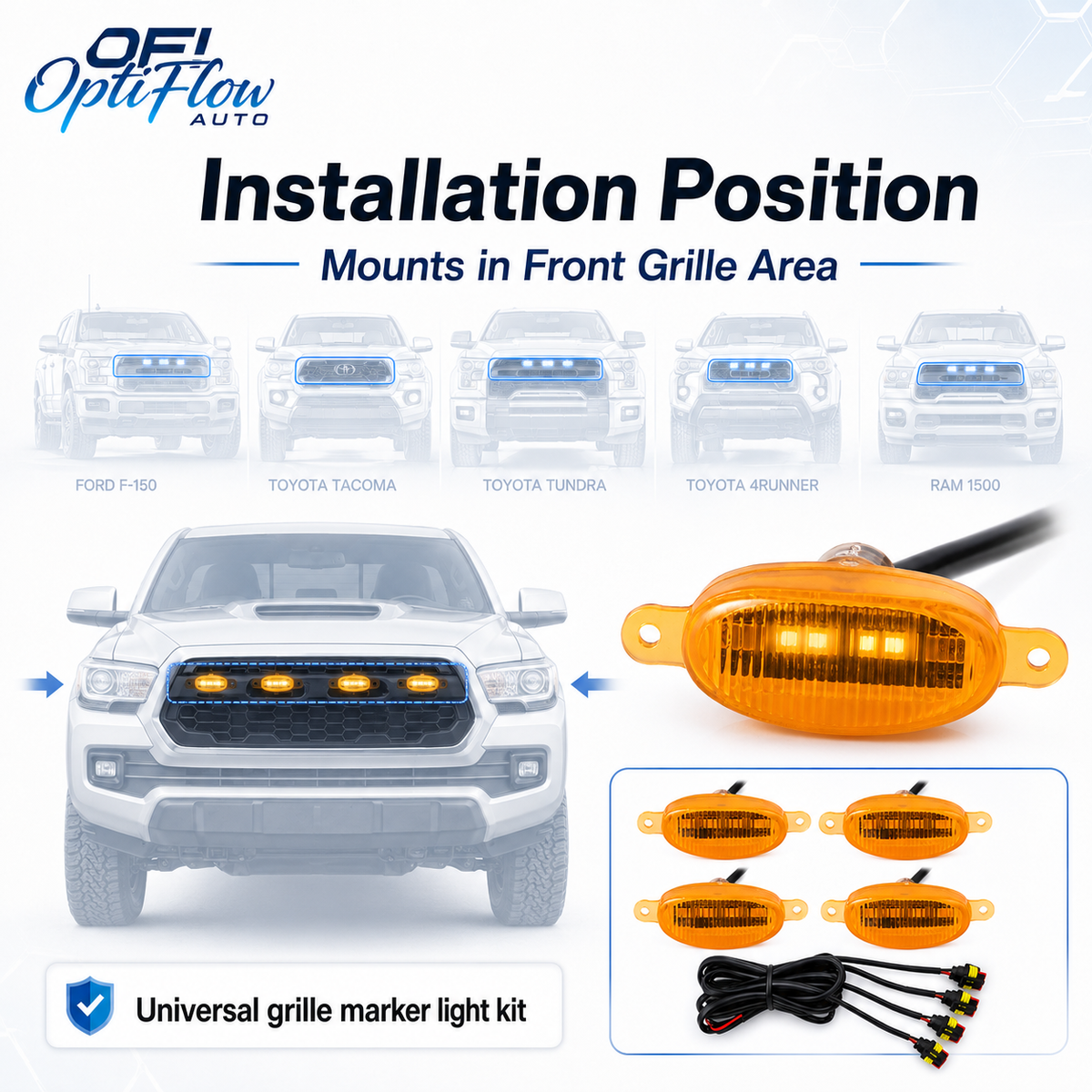 Universal Raptor Style Grille Marker Lights Kit (4-Piece) - Amber / White LED - Fits Toyota 4Runner, Tacoma, Tundra, Jeep & Trucks