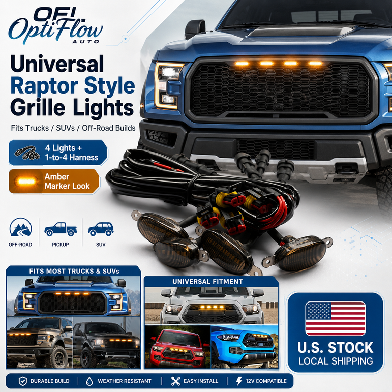 Universal Raptor Style Grille Marker Lights Kit (4-Piece) - Amber / White LED - Fits Toyota 4Runner, Tacoma, Tundra, Jeep & Trucks