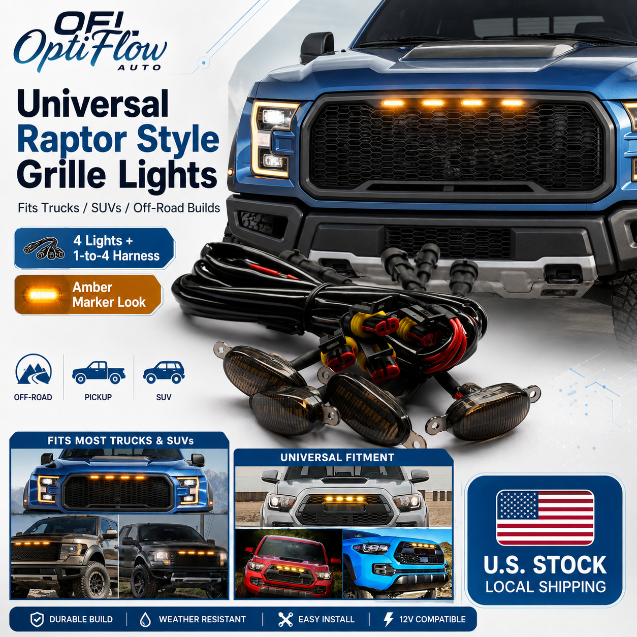 Universal Raptor Style Grille Marker Lights Kit (4-Piece) - Amber / White LED - Fits Toyota 4Runner, Tacoma, Tundra, Jeep & Trucks